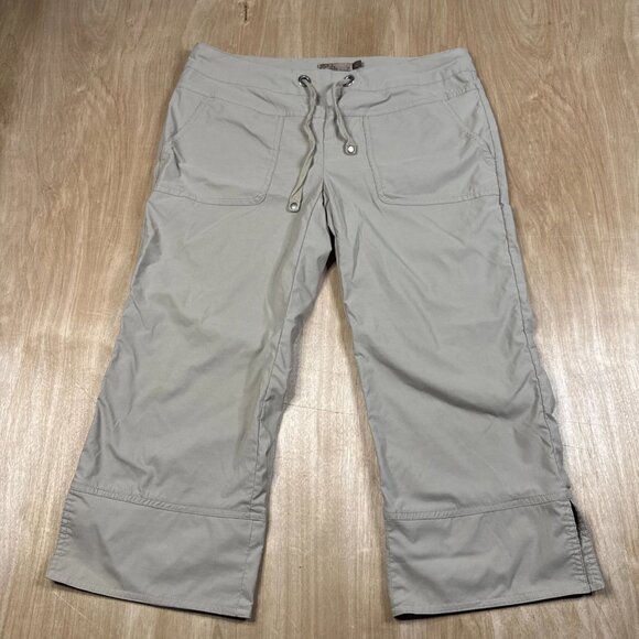 Prana Khaki Bliss Capri Pants Women's Medium Brown Drawstring Side Slit - Picture 1 of 5